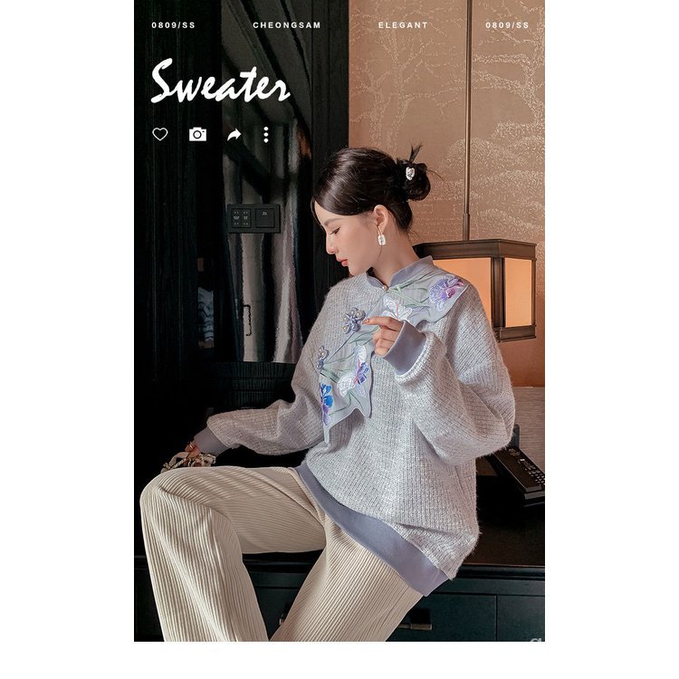 Áo Sweater Sườn Xám Cách Tân Thêu Họa Tiết Phong Cách Trung Hoa Thời Trang Thu Đông Mới Cho Nữ