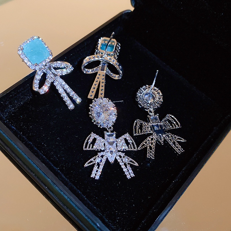 Bông Tai Mạ Bạc 925 Hình Nơ Đính Đá zircon Sang Trọng Phong Cách Hàn Quốc