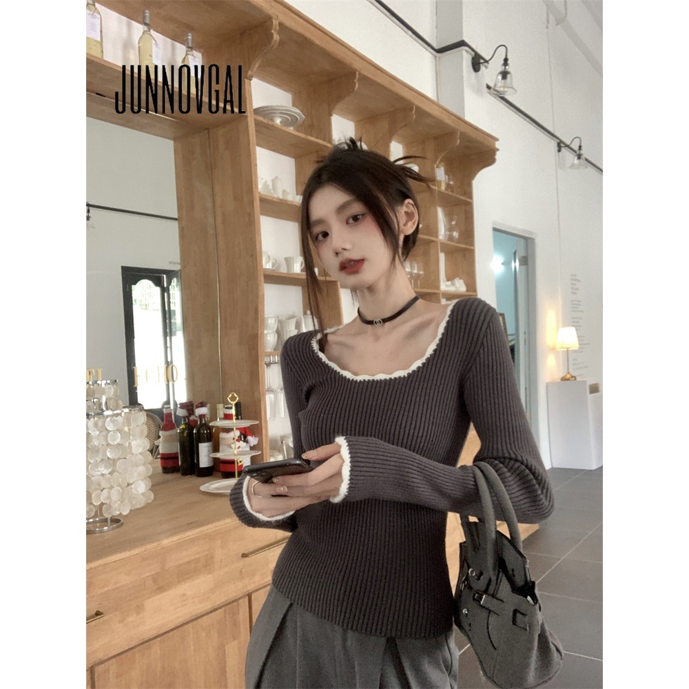 Junnovgal Áo Thun Tay Dài Cổ Chữ u Màu Trơn Dáng Ôm Thời Trang 2023 Dành Cho Nữ