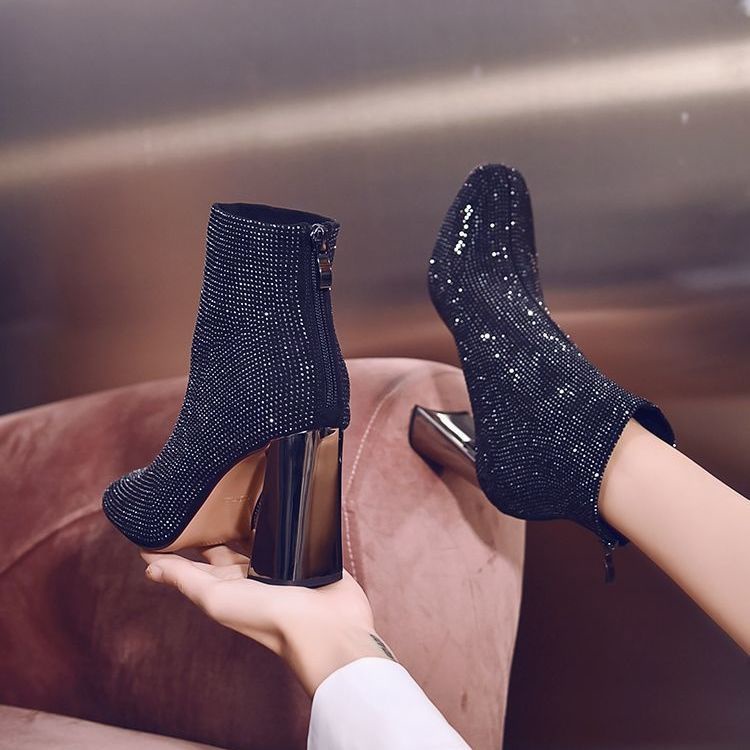 Giày Bốt martin Gót Dày Mũi Vuông Đính Đá Thời Trang Thu Đông Hàn Quốc Mới 2023