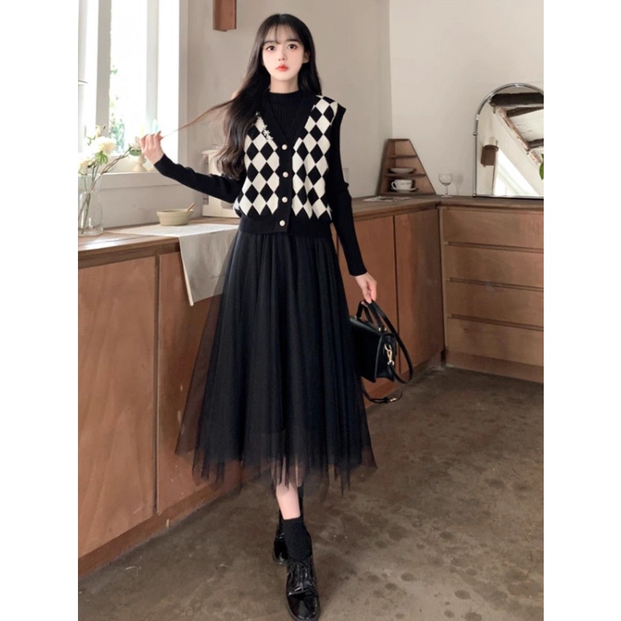 Set Áo Len Không Tay Phối Chân Váy Lưới Thời Trang Thu Đông Hàng Mới 2023 Dành Cho Bạn Nữ