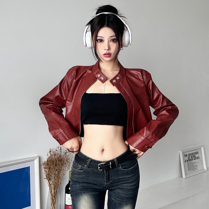 Weird Puss Áo Khoác Da pu Tay Dài Dáng Rộng Có Khóa Kéo Phong Cách Đường Phố Thời Trang Mùa Thu Cho Nữ