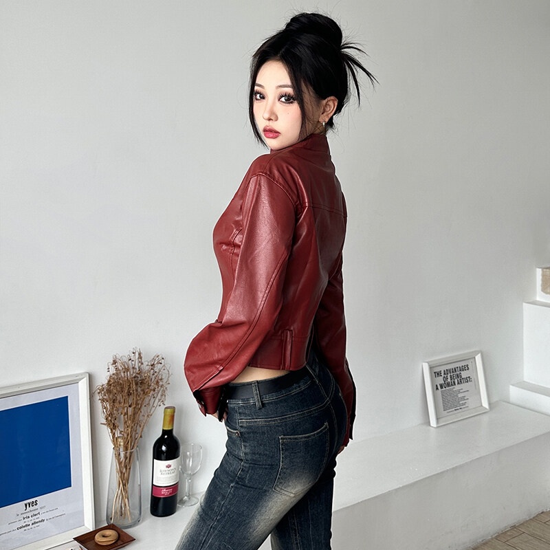 Weird Puss Áo Khoác Da pu Tay Dài Dáng Rộng Có Khóa Kéo Phong Cách Đường Phố Thời Trang Mùa Thu Cho Nữ