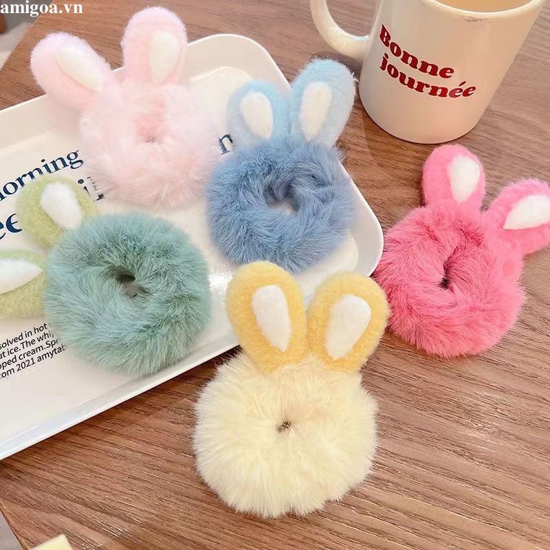 ✨✨Dây Cột Tóc Cao Su Hình Tai Thỏ Phối Lông Dễ Thương Thời Trang Thu Đông Cho Bé