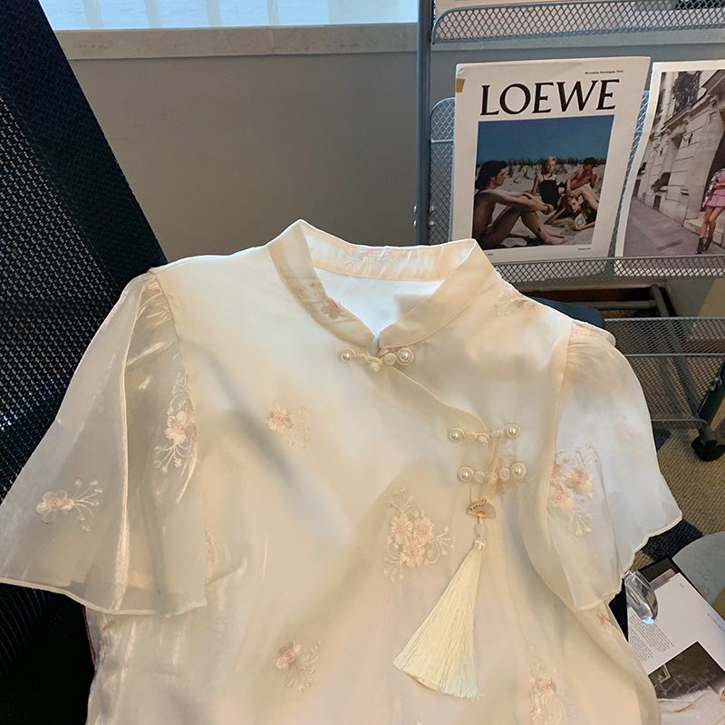 Mới Áo Sơ Mi Lưới Cách Tân Thêu Họa Tiết Phong Cách Trung Hoa Cổ Điển Thời Trang Cho Nữ