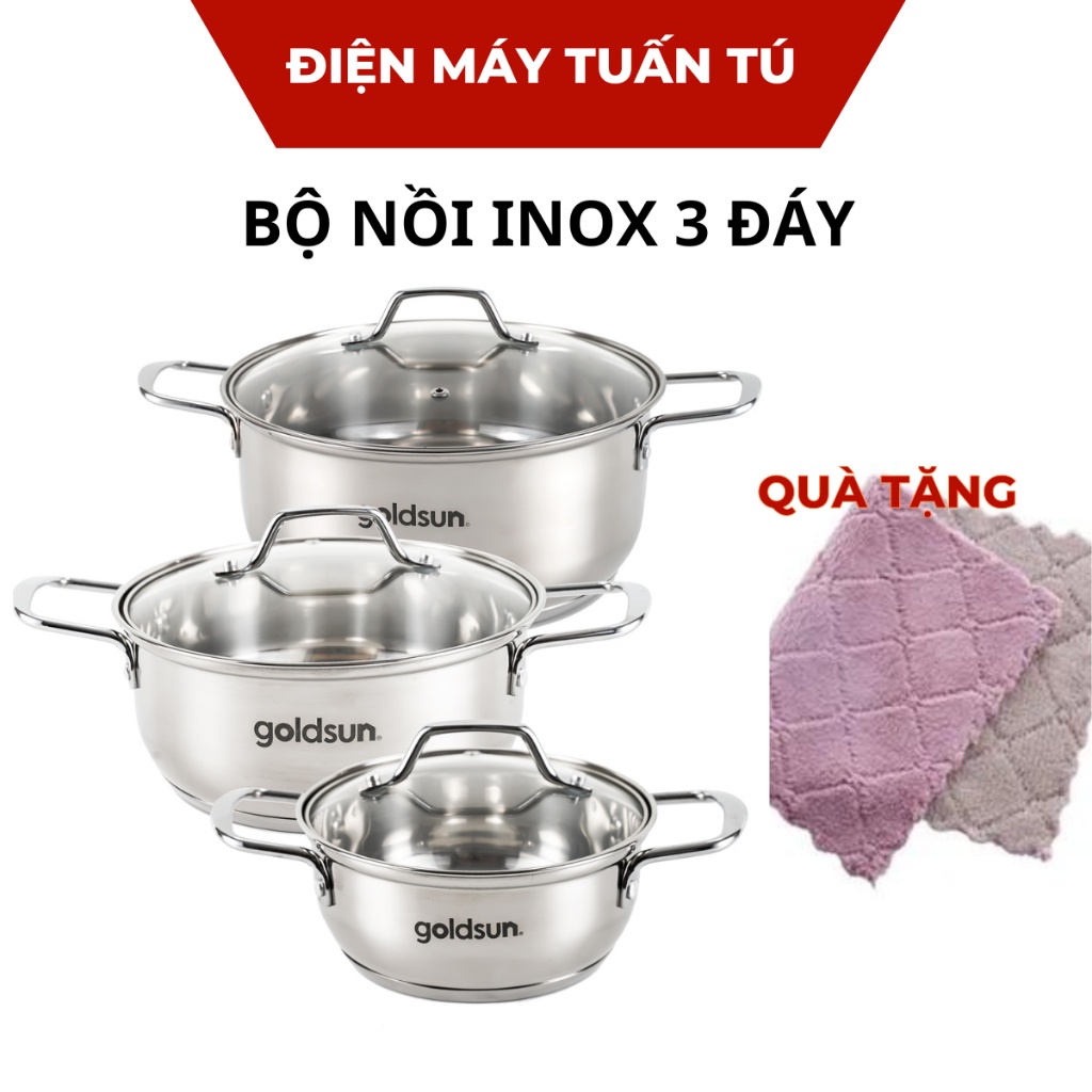 Bộ nồi đun nấu inox 3 đáy dày cao cấp Goldsun GPS1702-S , đun được bếp từ ,bếp hồng ngoại ,bếp ga ..
