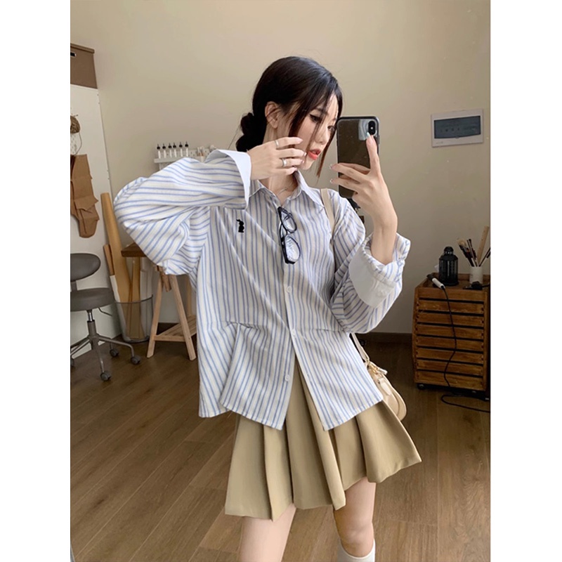 SUXI Áo Sơ Mi Tay Dài Kẻ Sọc Phong Cách vintage Dành Cho Nữ