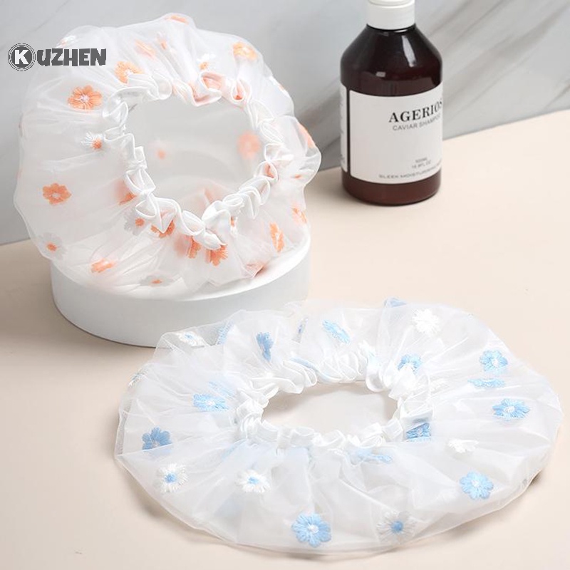 Mũ tắm KUZHEN hai lớp dày dặn thêu hoa chống nước và dầu cho phòng tắm/ spa