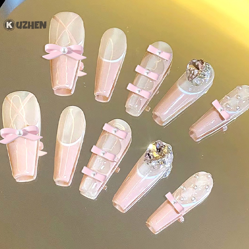 Kuzhen Set 10 Phụ Kiện Trang Trí Móng Tay Múa Ba Lê Nơ Hợp Kim Lụa Ruy Băng Nơ Hồng Đáng Yêu Cho Nữ