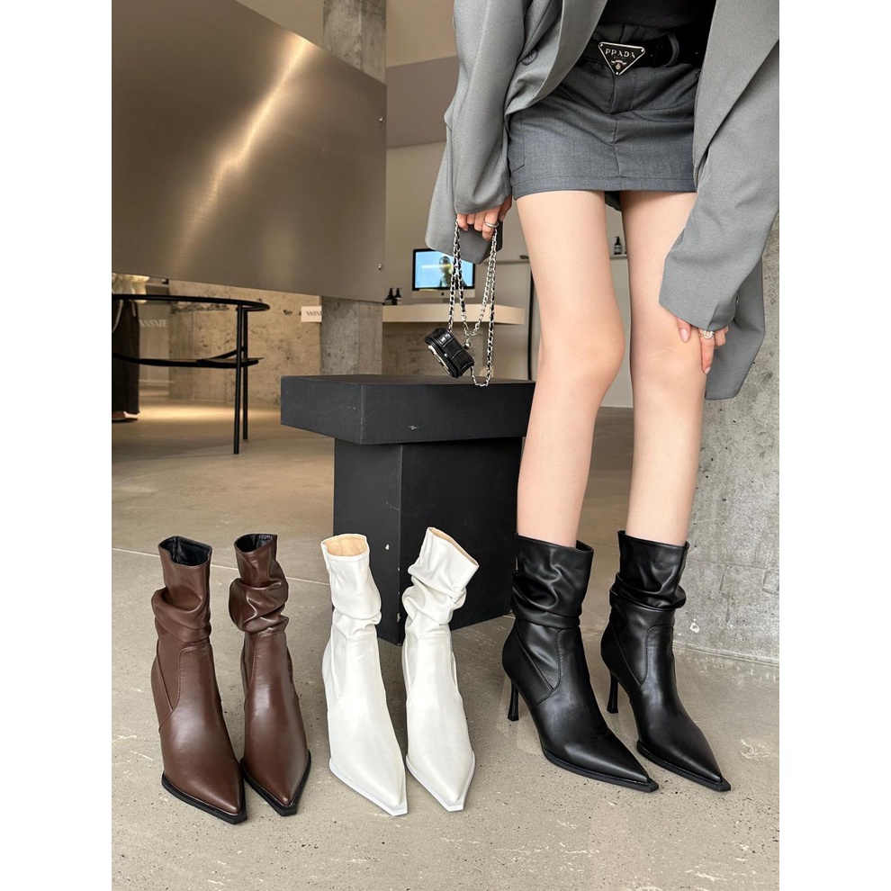 Giày Bốt Cao Gót Mũi Nhọn Xếp Ly Tự Nhiên Thời Trang Âu Mỹ Mùa Thu Đông 2023