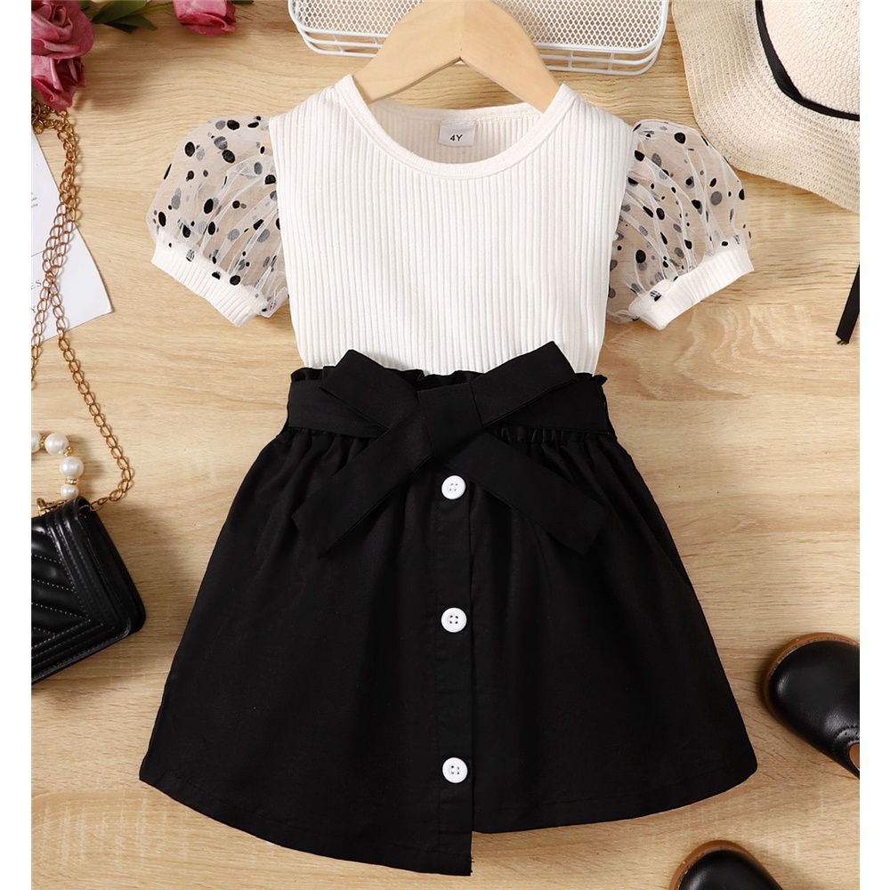 Set Đồ Mùa Hè 2 Món Gồm Áo Tay Cộc + Váy Đen Đáng Yêu Cho Bé Gái 3-6 Tuổi