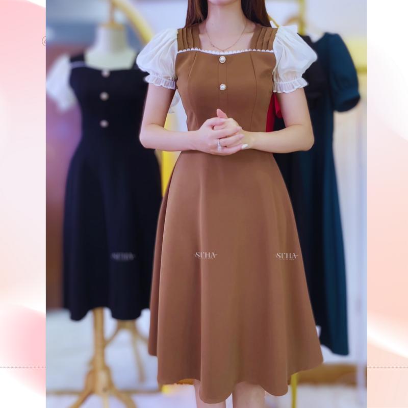 Váy công sở đẹp vai bồng phối tay trắng, cổ vuông Irene Dress V647 
 SUHA Fashion