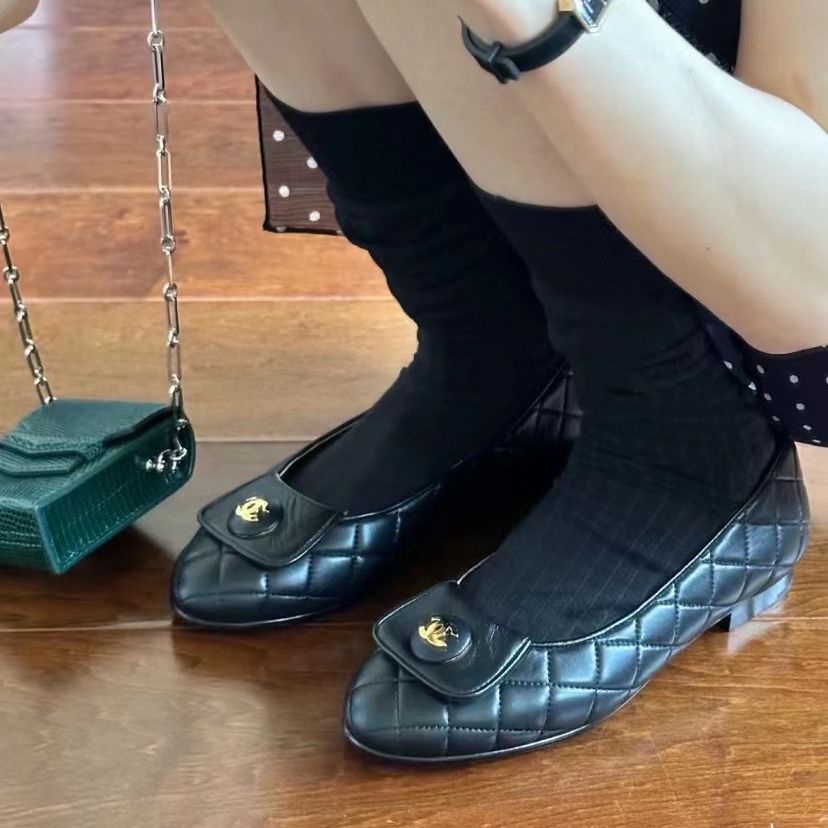 Giày Búp Bê Đế Bằng Đính Đá Phối Khóa Kim Loại Thời Trang retro 2023 Cho Nữ