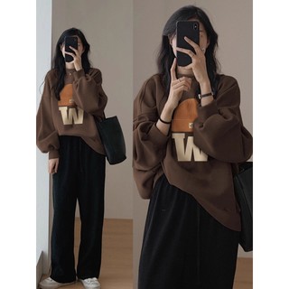 Áo Nỉ Cổ Tròn Dáng Rộng Dài Qua Gối Màu Nâu Phong Cách retro Mỹ Thời Trang Thu Đông Mới Dành Cho Bạn Nữ