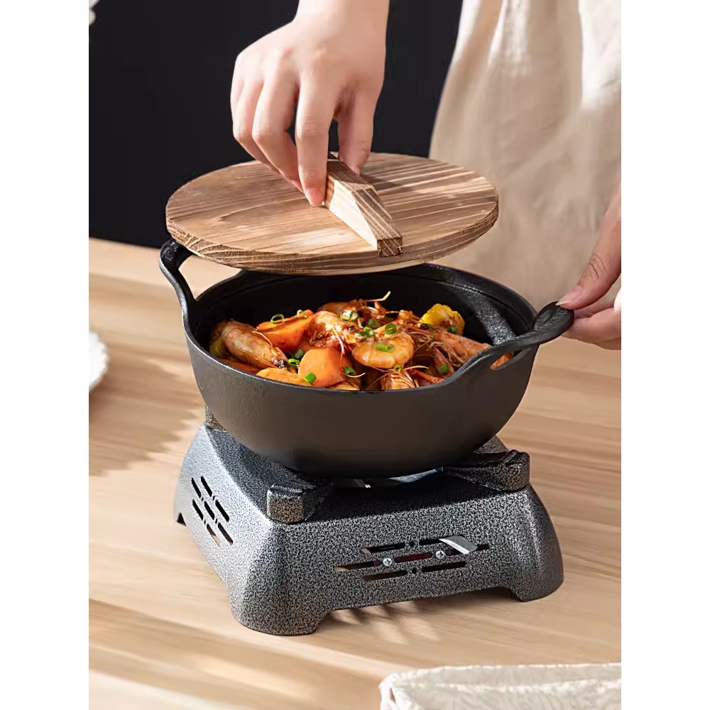 Chảo gang sâu lòng đúc nguyên khối chống dính tự nhiên size 20-25cm dung tích 2.5L, Chảo gang tặng kèm vung gỗ dùng được