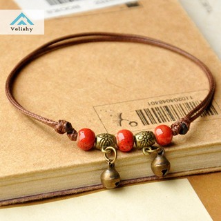 Lắc chân bện dây xỏ hạt gốm màu xanh dương / nâu phong cách dân tộc thời trang cho nữ