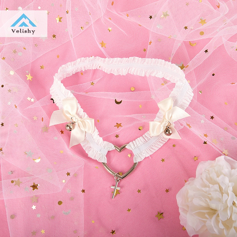 Velishy Vòng Ren Đeo Chân Co Giãn Hóa Trang lolita Thắt Nơ Chéo Trái Tim Phong Cách gothic harness