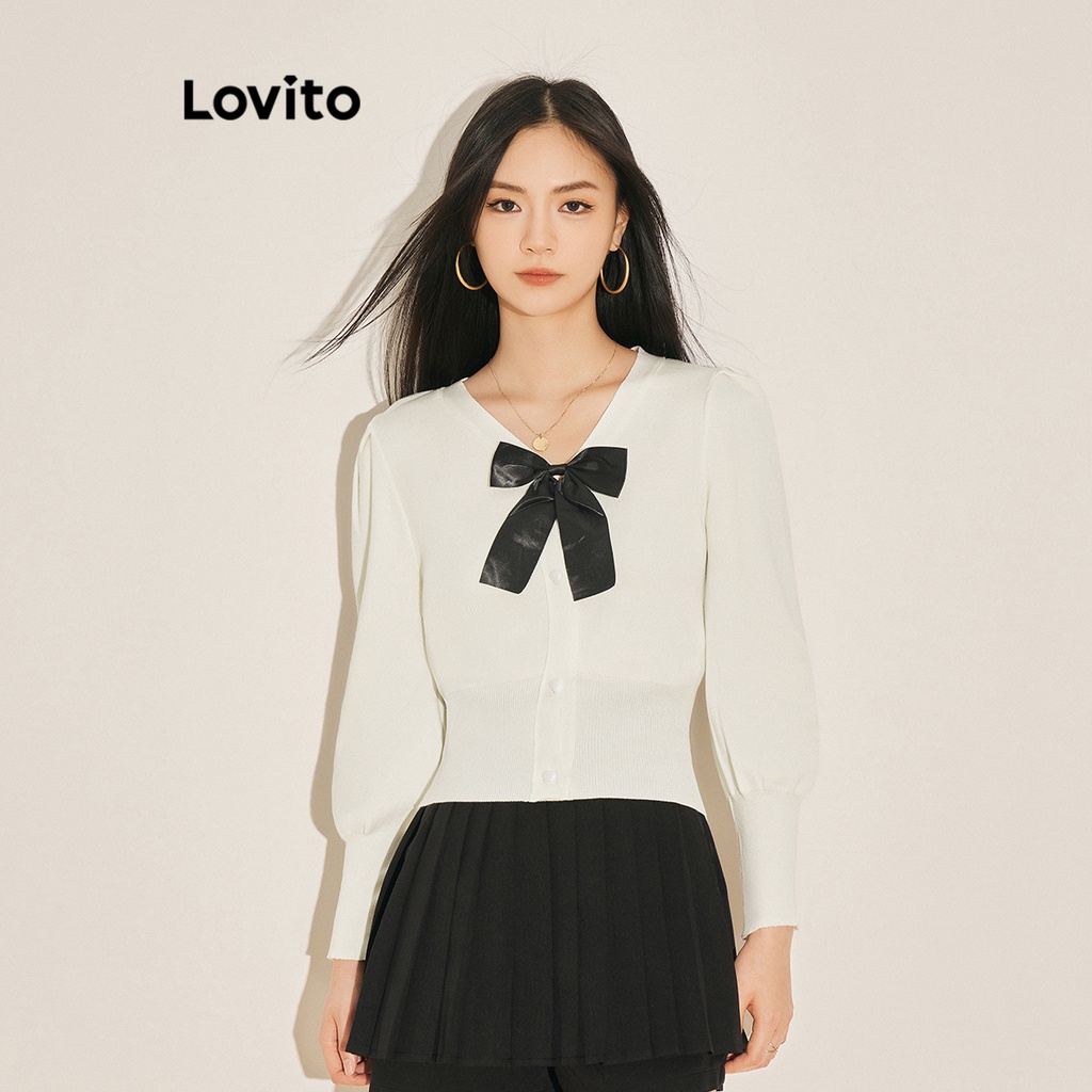 Áo sweater Lovito cổ chữ V cột nơ màu trơn đáng yêu cho nữ L61AD150 (màu xám/ trắng/ đen)