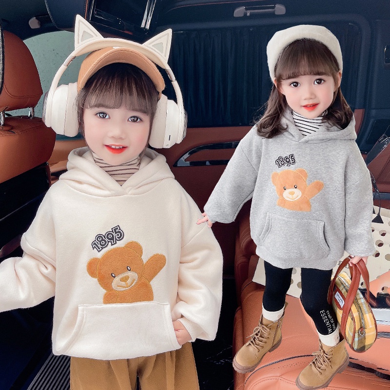 Áo Nỉ Lót Lông Cừu Thêu Hình Gấu Hoạt Hình Phong Cách Hàn Quốc Thời Trang Thu Đông Dành Cho Bé Gái 90-140cm