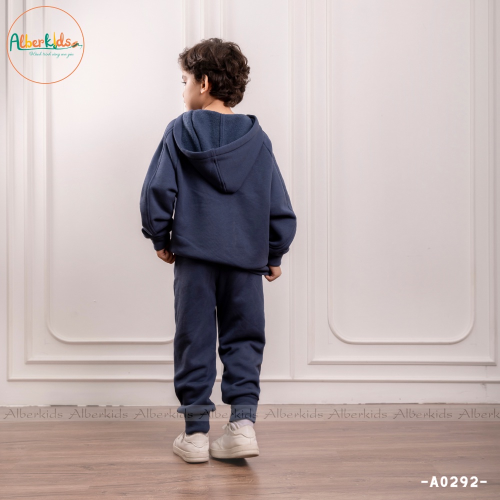 Bộ đồ nỉ bé trai ALBERKIDS hoodie trơn xanh than có mũ cho trẻ em 2,3,4,5,6,7,8,9,10,11,12 tuổi [A0292]