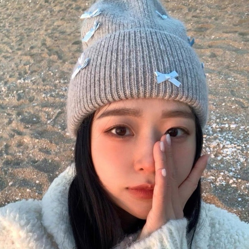 Mũ Beanie Đính Nơ Co Giãn Chống Gió Giữ Ấm Tai Thời Tiết Lạnh Đáng Yêu Cho Nữ