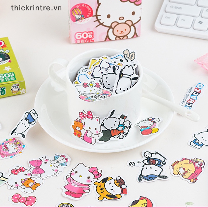 Set 60 Miếng Dán Mèo kitty Dễ Thương Chống Nước Trang Trí Sổ Tay vn