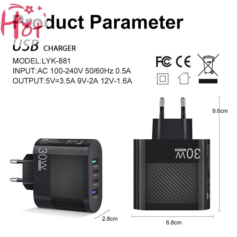 Jr Đầu Sạc Nhanh usb 30w 4 Cổng type c Cho iphone 14 13 pro xiaomi samsung oneplus qc 5.0