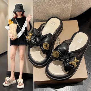   FreeShip  Dép lê nữ thời trang quai chéo nơ gấu da mềm êm chân đế độn 4p tôn dáng-D3 