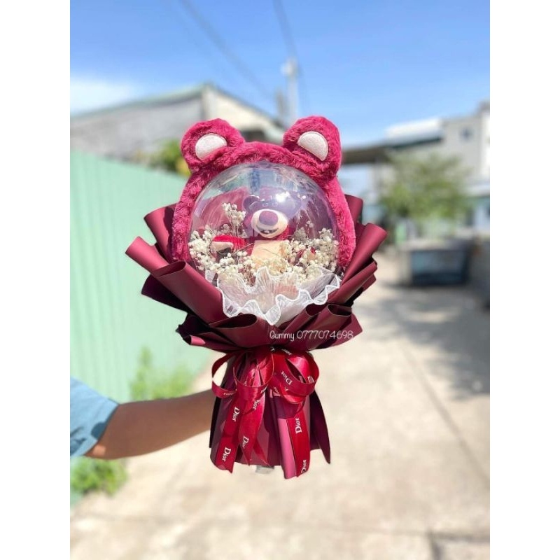 Bó hoa gấu dâu bóng mica kèm cài tóc siêu xinh tặng 14/2, 8/3... tặng ô tô