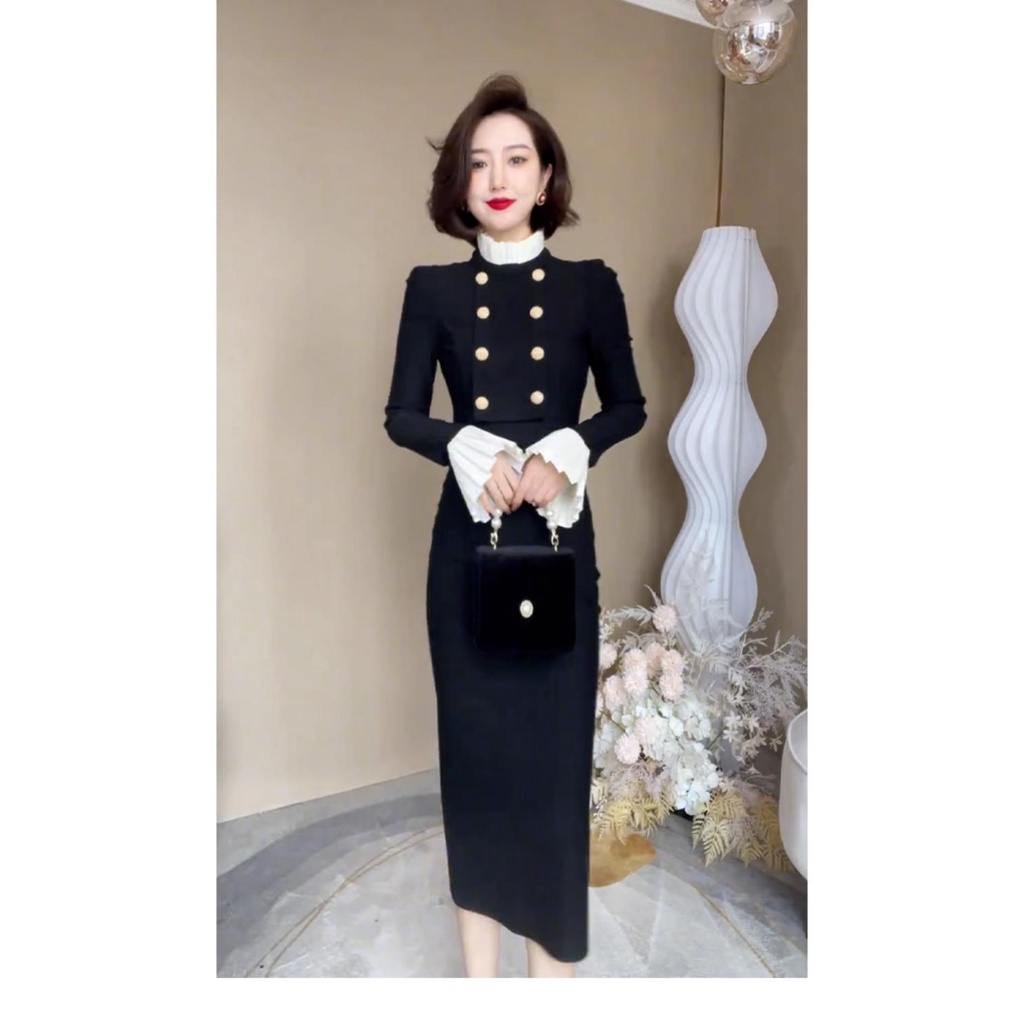 Đầm Thu Đông Màu Đen Cổ Đứng Siêu Đẹp Cao Cấp