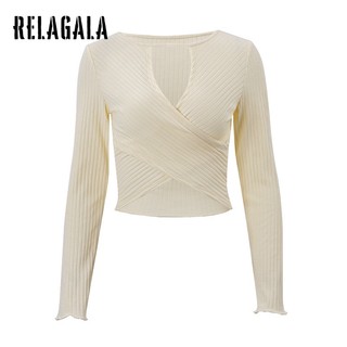RelaGala Nữ Mới Gợi Cảm Cutout Dệt Kim Ren Dài Tay Lộn Nút Áo Thun