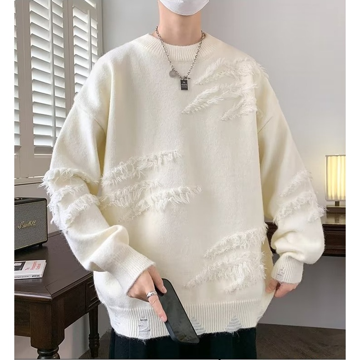 Áo sweater nam cổ tròn nam dáng rộng phong cách Hàn Quốc phối rách vải len sợi dày dặn thời trang thu đông cho cặp đôi