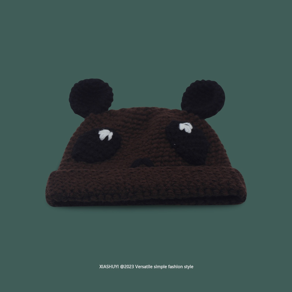 Dễ Thương Mũ Len Dệt Kim Đính Tai Gấu Trúc Phối Màu Tương Phản Xinh Xắn Cho Nữ