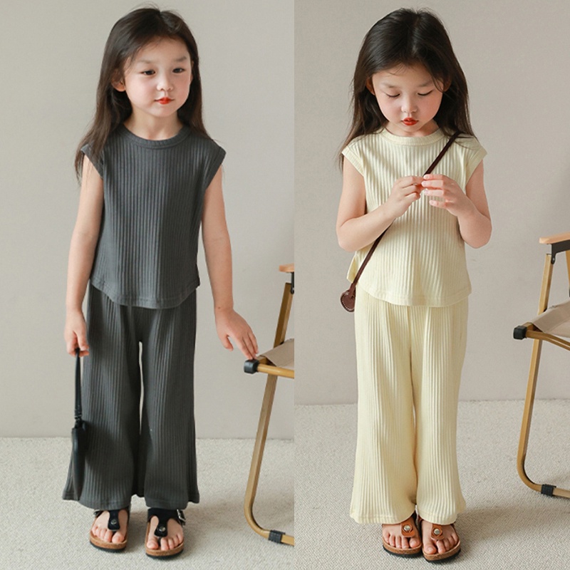 Bộ Áo tank top Sát Nách + Quần Dài Phong Cách Hàn Quốc Cho Bé Gái