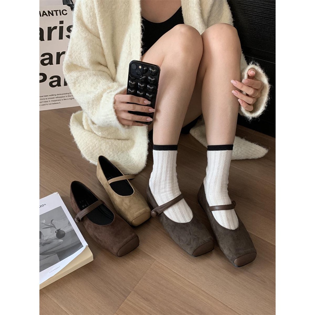 Giày Búp Bê mary jane Da Lộn Mũi Vuông Thời Trang Thu Đông 2023 Phong Cách Pháp Cho Nữ