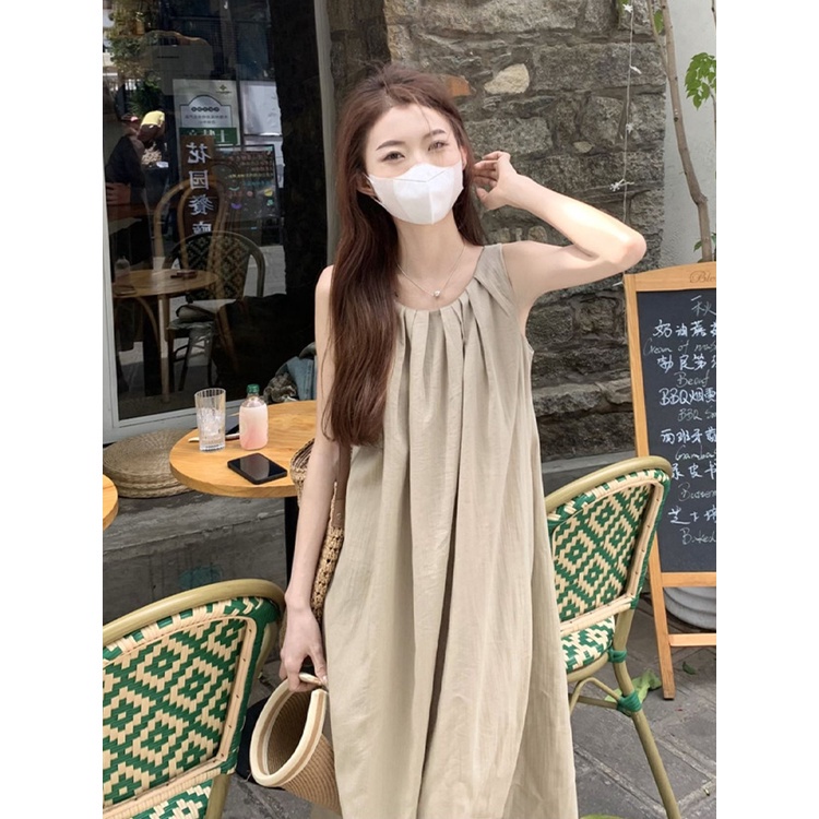 Váy Đầm Xuông Xếp Ly Dáng Dài Không Tay Form Rộng Cao Cấp - Đầm Dài Màu Be Dáng Rộng V25