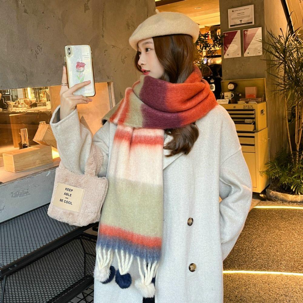 Jestine Khăn Choàng Len cashmere Dày Kẻ Sọc Cầu Vồng Phong Cách Hàn Quốc Cho Nữ