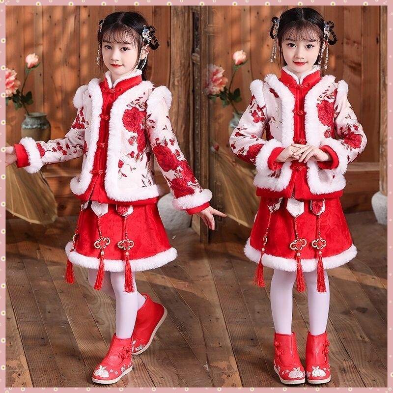 Bộ Đồ Hán Phục Hai Mảnh Dày Dặn Phong Cách Dân Tộc Năm Mới Cho Bé Gái