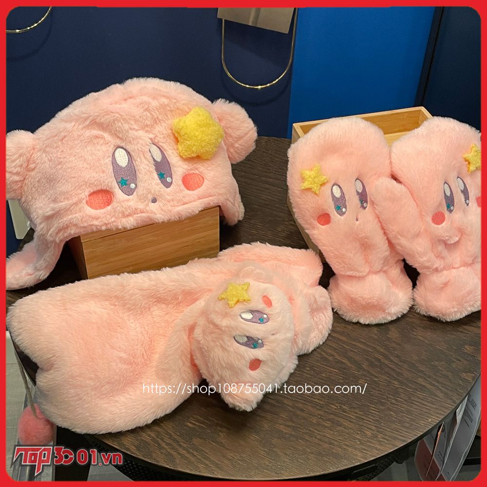 Dễ Thương Kirby Nữ Mũ Hồng Lông Ấm Găng Tay Có Mũ Khăn Quàng Cổ Sinh Viên Mềm Mại Cô Gái Tặng-top3C01
