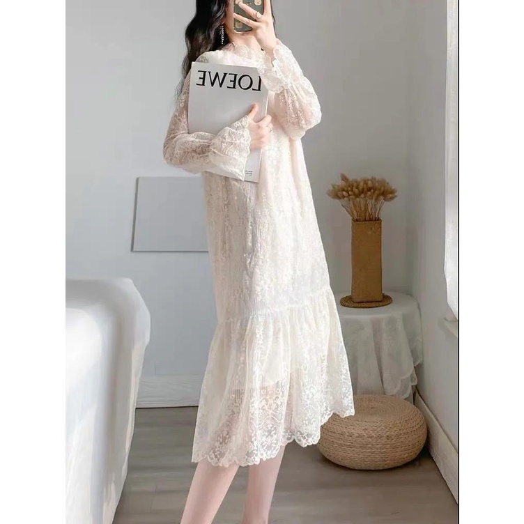 Đầm Xòe Dài Trung Bình Tay Dài Vải Nhung Dày Phối Ren Phong Cách Mới