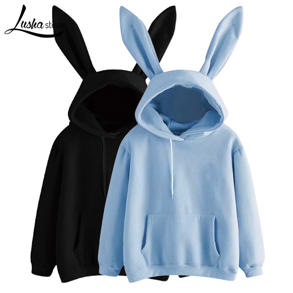 Áo hoodie Tai Thỏ Dài Màu Trơn Ấm Áp Dễ Thương Cho Nữ