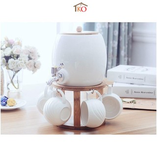 Bộ ấm chum chén sứ trắng kệ gỗ phong cách Bắc Âu 6 món