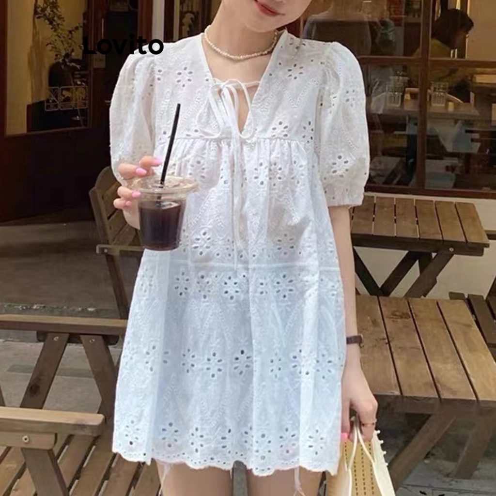 Lovito Áo Jacquard thêu ren trơn đơn giản dành cho nữ LNE24143 (Trắng)