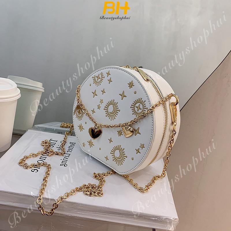 Túi Xách Đeo Vai Kiểu Tròn Nhỏ Thêu Họa Tiết Phối Dây Xích Thời Trang Pháp Quý Phái Dành Cho Nữ
