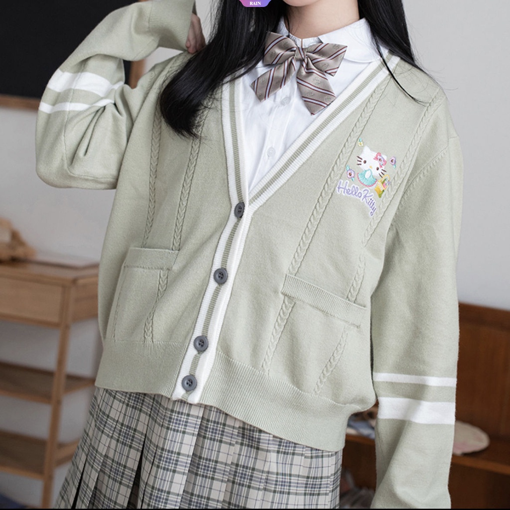 Áo Khoác cardigan Dệt Kim Dáng Rộng Cổ Chữ v Thêu Hoạt Hình my melody hello kitty cinnamoroll kuromi purin purin Dễ Phối Đồ Xuân Thu Cho Nữ