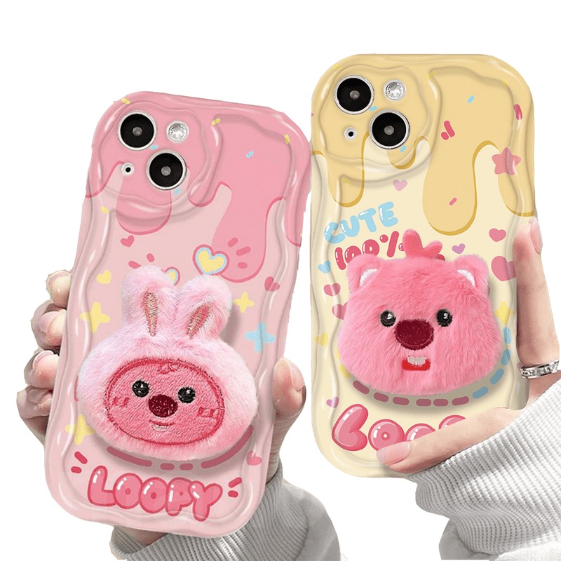 Ốp lưng Cartoon for iPhone 15 14 Pro Max 13 12 11 ProMax X XS XR 7 8 6 6S Plus SE 2020 Cute Rabbit beaver Plush Loopy Stand Fine hole Wavy Cream Edge Airbag Shockproof Soft Phone Case NY 68