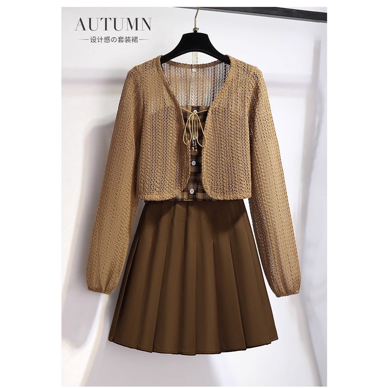 Set Áo Váy Xếp Ly Và Áo Khoác cardigan Thời Trang Mùa Thu Hàng Mới 2023#1110#