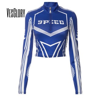 VesGlory Nữ Crop Top Thời Trang Tương Phản Màu In Tay Dài Cao Cấp Slim Fit Áo Thun