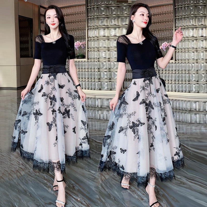 Set Áo Thun Dáng Ôm Co Giãn + Chân Váy Lưng Cao Họa Tiết Bướm Thời Trang Mùa Hè mhlz