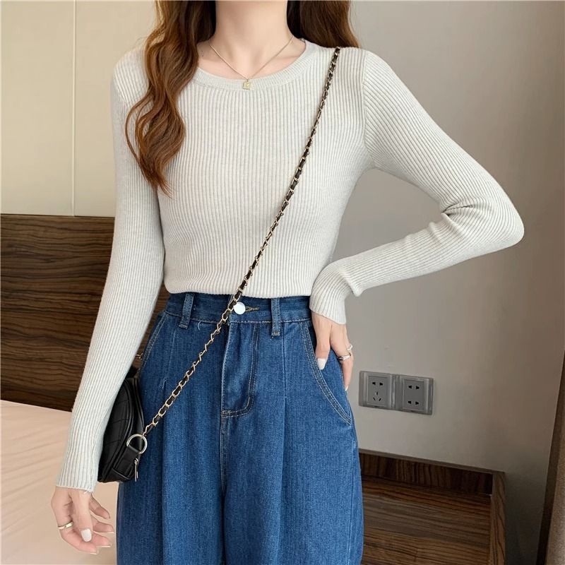 Mới Áo Dệt Kim Tay Dài Cổ Tròn Dáng Ôm Quyến Rũ Trẻ Trung Hợp Thời Trang